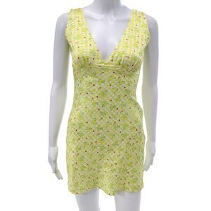 Designer Women Mini Gingham V-Neck Sleeveless Yellow Dress Zip Size XS